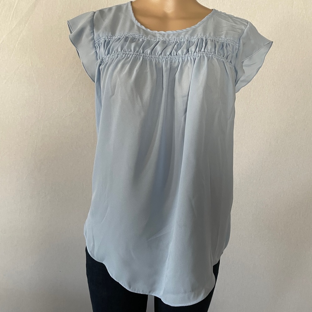 Zac & Rachel Sz Small Smocked Tunic Top Women Blue Round Neck Ruffled Sleeves